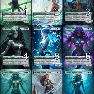 May include: Nine fantasy trading cards featuring illustrations of mermaids with different colored hair and backgrounds. Each card has the text "Tatyova, Benthic Druid" and "Legendary Creature - Merfolk Druid" with a number from 1 to 9 in the top right corner. The text "Whenever a land enters the battlefield under your control, you gain 1 life and draw a card." is repeated on each card. The cards have a 3/3 power and toughness.