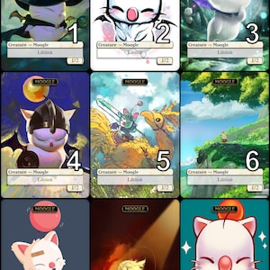May include: Nine illustrated cards featuring Moogle characters. Each card has a unique design, with Moogles in various costumes and settings. The cards are labelled with numbers and include the text "Creature - Moogle" and "Lifelink 1/2".