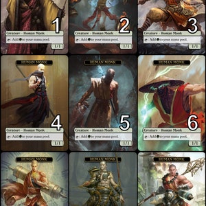 Może przedstawiać: Dziewięć ilustrowanych kart przedstawiających ludzkiego mnicha w różnych pozach. Każda karta zawiera tekst "Human Monk" u góry i "Creature - Human Monk" na dole. Tekst "Add to your mana pool." jest również umieszczony na każdej karcie. Karty są ponumerowane od 1 do 9.