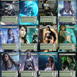 Puede incluir: Una colección de doce cartas coleccionables con ilustraciones de Tifa Lockhart. Cada carta presenta una imagen única del personaje, a menudo con una camiseta blanca y una falda negra. Las cartas incluyen el nombre del personaje e información del juego.