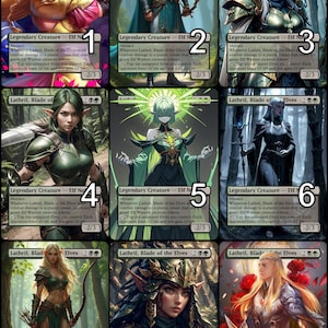 May include: Nine fantasy trading cards featuring illustrations of elves with bows and arrows. Each card has a green background and features the text "Lathril, Blade of the Elves" and a number from 1 to 9. The cards are part of a set of collectible trading cards.