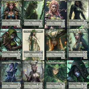May include: A collection of twelve fantasy art cards featuring the character Nissa, Worldsoul Speaker, an Elf Druid. Each card showcases a different artistic interpretation of the character, with varying color palettes and attire, all with a 3/3 power and toughness.