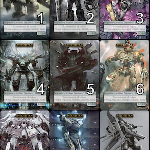 Könnte beinhalten: Neun Illustrationen von Robotern, jede mit einem anderen Design und Farbschema. Die Roboter sind alle groß und imposant, mit einer Vielzahl von Waffen und Rüstungen. Die Illustrationen sind im Comic-Stil gehalten, mit kräftigen Linien und leuchtenden Farben.