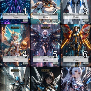 Puede incluir: Nueve cartas coleccionables de arte fantástico con personajes femeninos con alas mecánicas y armadura futurista. Cada carta tiene el texto "THOPTER", "Artifact Creature - Thopter", "Flying" y una fuerza/resistencia de 1/1.