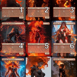 May include: Nine trading cards featuring the character "Ashling, the Limitless" in various fiery poses. Each card has a red and black color scheme with the text "Legendary Creature - Elemental" and game mechanics.