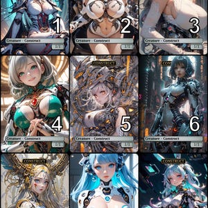 Op de afbeelding: Negen digitale illustraties van vrouwelijke personages met robotische kenmerken en metalen accenten. Elke illustratie is genummerd van 1 tot 9. De personages worden afgebeeld in verschillende poses en uitdrukkingen, met de nadruk op hun cybernetische verbeteringen.