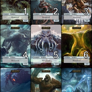 Puede incluir: Nueve cartas de intercambio con ilustraciones de krakens, un monstruo marino mítico. Cada carta tiene la palabra "Kraken" en una pancarta negra en la parte superior, y el texto "Creature - Kraken" y "Hexproof" en cuadros blancos en la parte inferior. Las cartas están numeradas del 1 al 9.