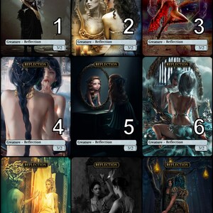 May include: Nine fantasy-themed trading cards featuring illustrations of reflections in mirrors. Each card has the word "Reflection" at the top and the text "Creature - Reflection" at the bottom. The cards are numbered 1 through 9.
