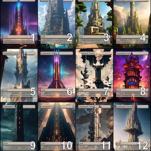 May include: Twelve different fantasy-themed illustrations of a tall tower, each with a unique design and color scheme. The illustrations are arranged in a grid of four rows and three columns. Each illustration is labeled with a number from 1 to 12.