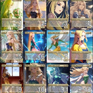 Puede incluir: Una colección de doce cartas coleccionables de arte fantástico con el personaje Celes, Rune Knight. Cada carta muestra una ilustración diferente de una mujer rubia en varios atuendos y poses, con una clasificación de poder y resistencia de 4/4.