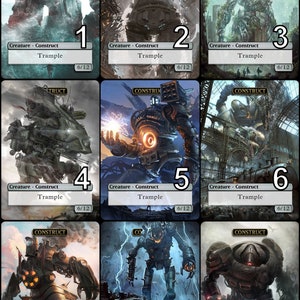 Op de afbeelding: Negen geïllustreerde kaarten met grote, metalen, robot-achtige wezens met verschillende ontwerpen. Elke kaart heeft een nummer van 1 tot 9, de woorden "Creature - Construct" en "Trample", en het getal "6/12".