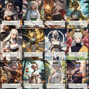 May include: Twelve illustrated cards featuring anime-style women in various poses and outfits. Each card has the word "Monk" and the text "Creature - Monk" with the ability "Prowess". The cards are numbered 1 through 12.