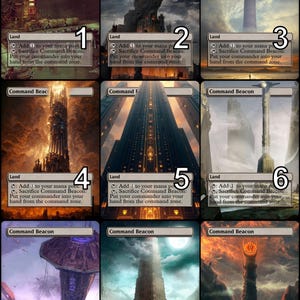 May include: Nine illustrated cards with the text "Command Beacon" and a number from 1 to 9. Each card has a different image of a tall, futuristic building with a dark, industrial aesthetic.