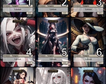 May include: A collection of nine trading cards featuring vampire characters. Each card displays a unique illustration of a vampire, the text Vampire, Creature - Vampire, Lifelink, and 1/1. The cards are arranged in a three-by-three grid layout.