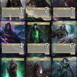 Może przedstawiać: Dziewięć kart kolekcjonerskich przedstawiających kobietę o ciemnej karnacji z długimi czarnymi włosami i ciemną szatą z kapturem. Karty są zatytułowane "Varina, Lich Queen" i każda karta ma numer od 1 do 9. Karty są umieszczone na ciemnym tle z zielono-czarną kolorystyką.