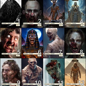 Puede incluir: Doce cartas ilustradas con diferentes personajes zombies. Cada carta tiene la palabra "Zombie" en la parte superior y el texto "Creature - Zombie 1/1" en la parte inferior.