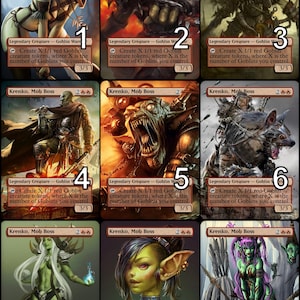 Può includere: Nove carte da gioco diverse con un personaggio guerriero goblin di nome Krenko, Mob Boss. Ogni carta presenta un'illustrazione diversa del personaggio e una descrizione delle sue abilità. Le carte sono numerate da 1 a 9.