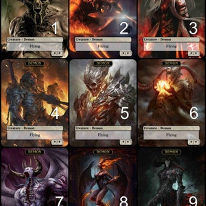 Puede incluir: Nueve cartas ilustradas con demonios de diferentes diseños. Cada carta tiene la palabra "DEMON" en la parte superior y un número del 1 al 9 en la esquina inferior derecha. Las cartas están todas sobre un fondo oscuro con llamas y humo.