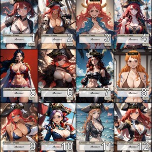 Puede incluir: Doce cartas ilustradas con mujeres de estilo anime en trajes de pirata. Cada carta tiene la palabra "Pirate" en la parte superior y el texto "Creature - Pirate" y "Menace" en la parte inferior. Las cartas están numeradas del 1 al 12.