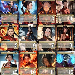 Puede incluir: Una colección de doce cartas coleccionables con el personaje Fire Lord Azula. Cada carta muestra un retrato diferente del personaje en varias poses y atuendos, con una combinación de colores rojo y dorado. Las cartas incluyen texto y una fuerza y resistencia de 4/4.