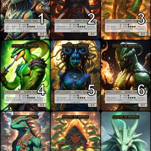 Op de afbeelding: Negen geïllustreerde kaarten met een groen en gouden wezen met een slangachtig hoofd en lichaam. Elke kaart heeft een nummer van 1 tot 9 en de tekst "Fanatic of Rhona's" en "Token Creature - Zombie Snake" met een beschrijving van de vaardigheden van het wezen.