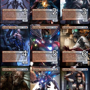 Può includere: Un set di nove carte collezionabili che presentano diversi personaggi di popolari franchise di fantascienza e fantasy. Ogni carta ha un design unico e presenta un personaggio con un aspetto distintivo e un numero da 1 a 9. Le carte sono tutte in uno stile simile, con uno sfondo nero e un bordo bianco.