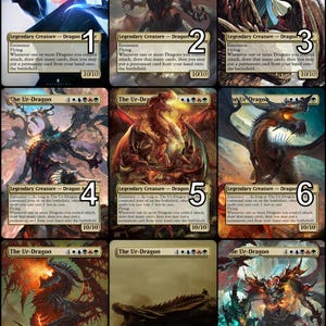 Puede incluir: Nueve cartas de intercambio con un dragón de color rojo, naranja y negro. Las cartas están numeradas del 1 al 9 y tienen el texto "The Ur-Dragon" en la parte superior. Cada carta tiene una ilustración diferente del dragón.