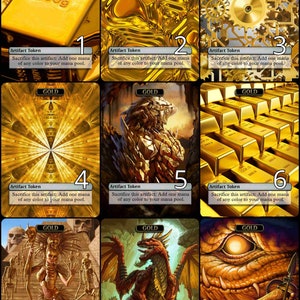 Può includere: Nove gettoni artefatto dorati con immagini diverse. Ogni gettone ha la parola "GOLD" stampata su di esso e il testo "Artifact Token" con le istruzioni per sacrificare il gettone per aggiungere una mana di qualsiasi colore al tuo pool di mana.