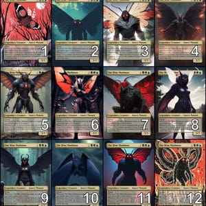 May include: A collection of twelve trading cards featuring the Wise Mothman, a legendary insect mutant. Each card showcases a unique illustration of the creature in various poses and color schemes, with a 3/3 power and toughness rating.