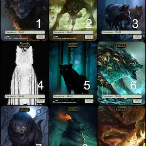 May include: Nine different trading cards featuring illustrations of wolves. Each card has the word "Wolf" at the top and the text "Creature - Wolf" at the bottom. The cards are numbered 1 through 9.