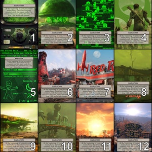 Könnte beinhalten: Ein Fallout-Kartenspiel mit 12 Karten, die verschiedene Bilder aus dem Spiel zeigen. Jede Karte trägt den Text "RADIATION" und eine Beschreibung der Wirkung der Karte. Die Karten sind von 1 bis 12 nummeriert.