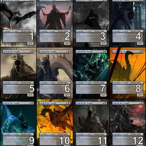 May include: A set of twelve trading cards depicting the Lord of the Nazgûl from the Lord of the Rings. Each card showcases a different illustration of the character, with a dark colour scheme and fantasy theme.