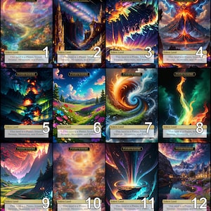 Op de afbeelding: Twaalf kleurrijke fantasy-landschapskaarten met de tekst "Token Land" en "This land is a Plains, Island, Swamp, Mountain, and Forest." Elke kaart heeft een uniek nummer van 1 tot en met 12.