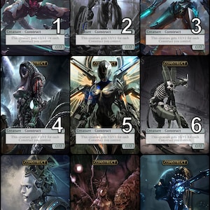Puede incluir: Nueve cartas ilustradas con diferentes criaturas robóticas con la palabra "Construct" en la parte superior de cada carta. Cada carta tiene un número del 1 al 9 en la esquina inferior derecha. El texto en cada carta dice "Creature - Construct" y "Esta criatura obtiene +1/+1 por cada Construct que controlas."