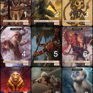 May include: Nine illustrated cards featuring a monkey character named Ragavan. Each card has a different illustration of the monkey in various poses and settings. The cards are numbered 1 through 9.