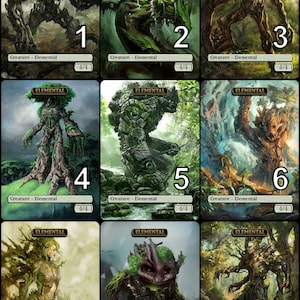 Op de afbeelding: Negen speelkaarten met groene en bruine illustraties van verschillende elementaire wezens. Elke kaart heeft bovenaan het woord "Elemental" en rechtsonder een nummer van 1 tot en met 9. De kaarten zijn allemaal 4/4.
