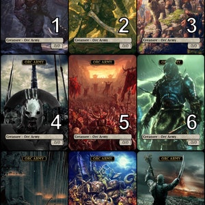 May include: Nine fantasy trading cards featuring illustrations of orcs and orc armies. The cards are numbered 1 through 9 and have the text "ORC ARMY" at the top.
