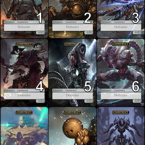 May include: Nine illustrated cards featuring different robot designs. Each card has the word "Construct" at the top and the text "Creature - Construct Defender 1/1" at the bottom. The cards are numbered 1 through 9.