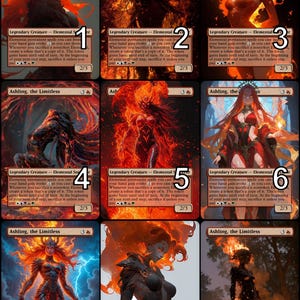 Puede incluir: Nueve cartas coleccionables con Ashling, la Ilimitada, una criatura elemental legendaria. Cada carta muestra una ilustración diferente y ardiente de Ashling, en varias poses y entornos. Las cartas tienen un esquema de color rojo y dorado.