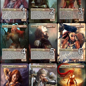 May include: Nine trading cards featuring a woman with red hair in different poses and outfits. Each card has the text "Winota, Joiner of Forces" and a number from 1 to 9. The cards are set against a fantasy background.