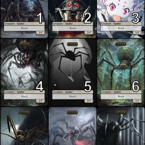 Può includere: Nove diverse illustrazioni di ragni, ognuna con un design e uno schema di colori unici. Le carte sono etichettate con la parola "SPIDER" e un numero da 1 a 9. Ogni carta include anche il testo "Creature - Spider", "Reach" e "2/4".