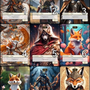 May include: Nine illustrated cards featuring anthropomorphic foxes in various poses and outfits. Each card has the word "FOX" in a box at the top and the text "Creature - Fox" and "Vigilance" in a box at the bottom. The cards are numbered 1 through 9.