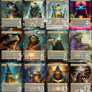May include: A collection of twelve fantasy art cards featuring anthropomorphic frogs dressed as wizards. Each card has a different frog character with unique attire and accessories, such as hats, robes, and wands. The cards are labeled "Glarb, Calamity's Augur."