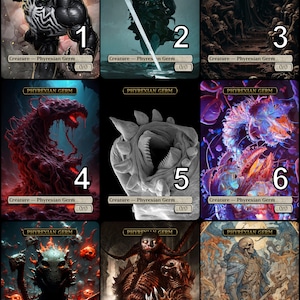 May include: Nine different Phyrexian Germ creature cards from the Magic: The Gathering trading card game. Each card features a different grotesque creature with a number from 1 to 9 in the bottom right corner.