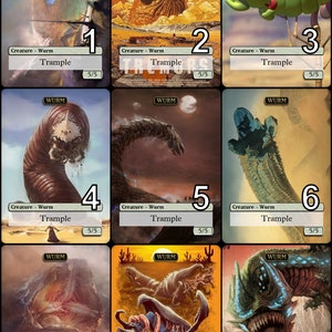 May include: Nine fantasy art cards featuring various worm-like creatures. Each card has the word "WURM" at the top, the creature's name, and the word "Trample" at the bottom. The cards are numbered 1-9.