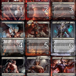 May include: Nine trading cards featuring a red and black demon character with horns and glowing eyes. The cards are numbered 1 through 9 and have the text "Tevesh Szat, Doom of Fools" on them.