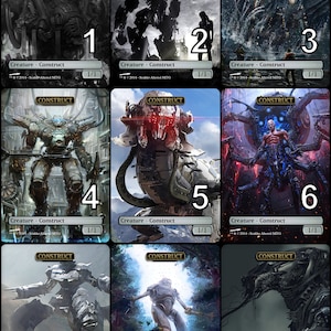 Puede incluir: Nueve cartas de arte fantástico con criaturas Construct. Cada carta presenta una ilustración única de un ser mecánico o robótico, con una estética oscura y futurista. Las cartas están etiquetadas con la palabra "Construct" y el tipo de criatura.
