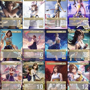 May include: Twelve trading cards featuring the character Yuna from Final Fantasy. Each card displays a different illustration of Yuna, a Legendary Creature - Human Cleric, with a 1/5 power and toughness rating. The cards have a fantasy theme.