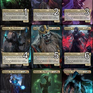 Op de afbeelding: Negen verzamelkaarten met fantasy-kunst van het personage Nekusar, the Mindrazer, een Legendary Creature Zombie. Elke kaart heeft een unieke illustratie met een ander kleurenschema en ontwerp.