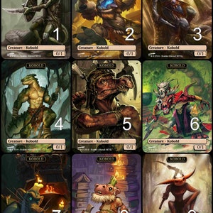 Puede incluir: Nueve cartas ilustradas con diferentes kobolds, un tipo de criatura de juegos de rol de fantasía. Cada carta tiene un número del 1 al 9, la palabra "Kobold" en la parte superior y el texto "Creature - Kobold" en la parte inferior.